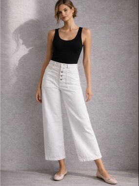 Veronica Beard Crosbie White Wide Leg Crop Jeans High Rise Button Fly 25